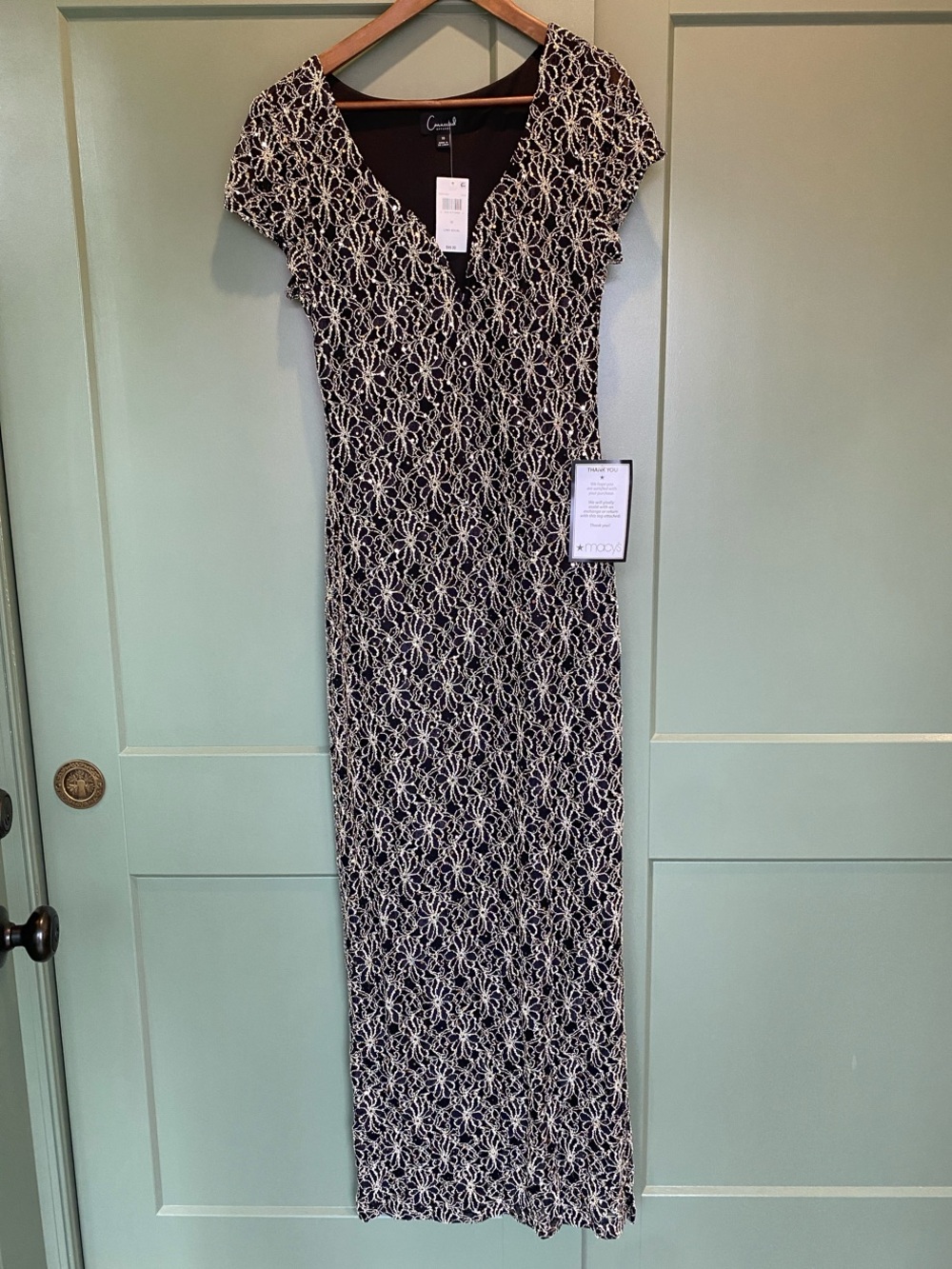 Connected Apparel Black Maxi Dress with Gold Lace Overlay